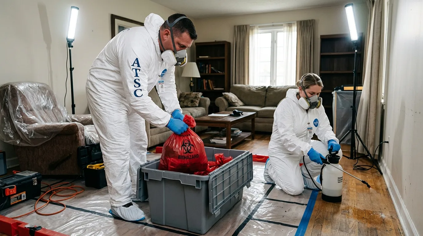 Professional Biohazard Cleanup technician in full PPE working in East Patchogue